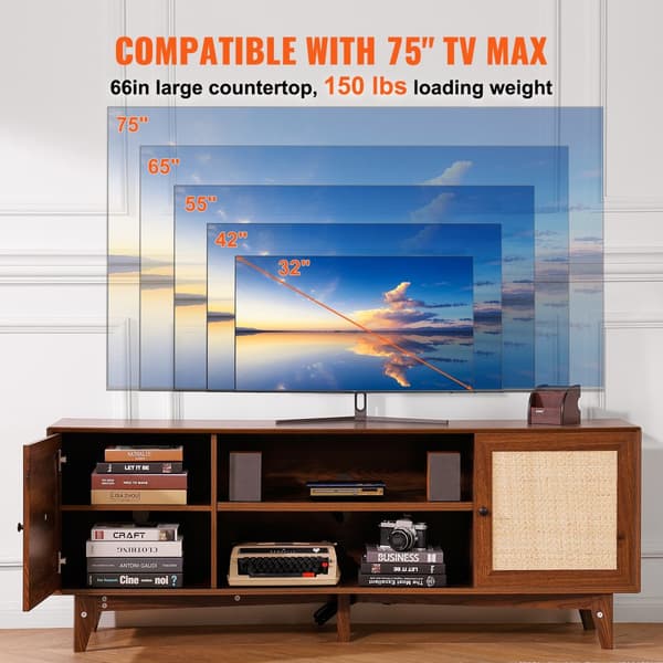 Rattan-TV-Ställ 191 cm, Boho-TV-Skåp, TV-Möbel i valnöt, stilren förvaring