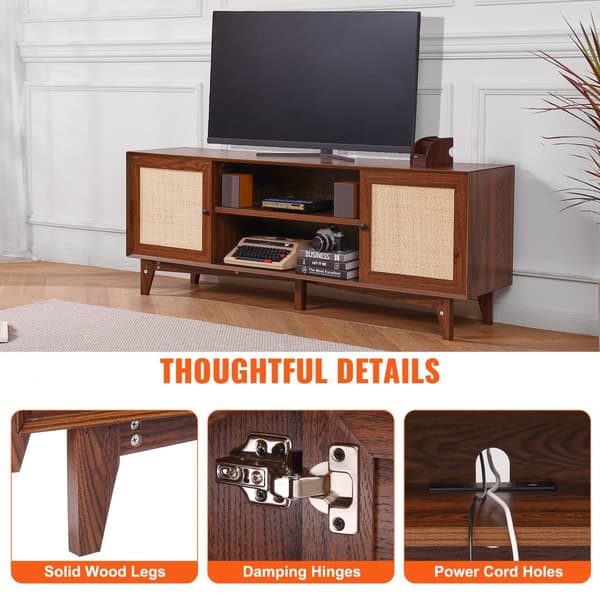 Rattan-TV-Ställ 191 cm, Boho-TV-Skåp, TV-Möbel i valnöt, stilren förvaring