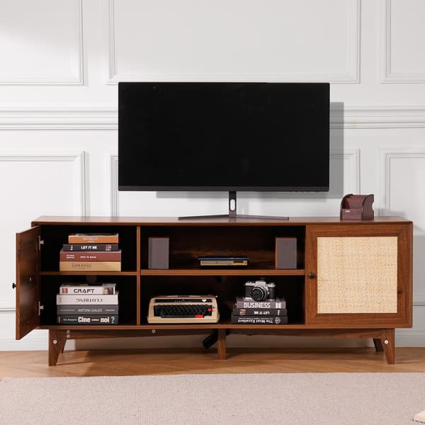 Rattan-TV-Ställ 191 cm, Boho-TV-Skåp, TV-Möbel i valnöt, stilren förvaring