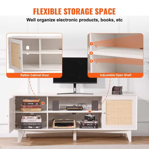 Rattan-TV-stativ 191 cm, Boho-TV-skab i hvid, TV-møbel, moderne design, opbevaringsløsning