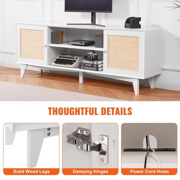 Rattan-TV-stativ 191 cm, Boho-TV-skab i hvid, TV-møbel, moderne design, opbevaringsløsning
