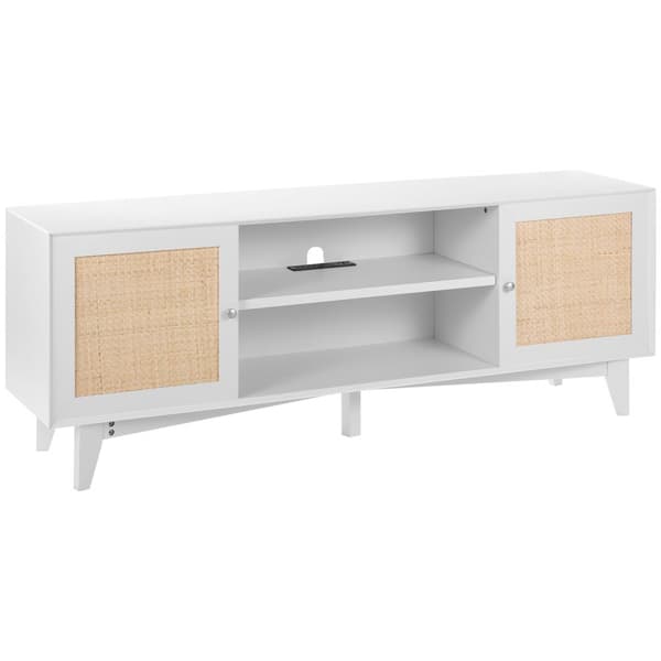 Rattan-TV-stativ 191 cm, Boho-TV-skab i hvid, TV-møbel, moderne design, opbevaringsløsning