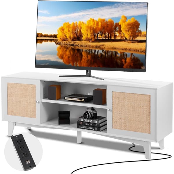 Rattan-TV-stativ 191 cm, Boho-TV-skab i hvid, TV-møbel, moderne design, opbevaringsløsning