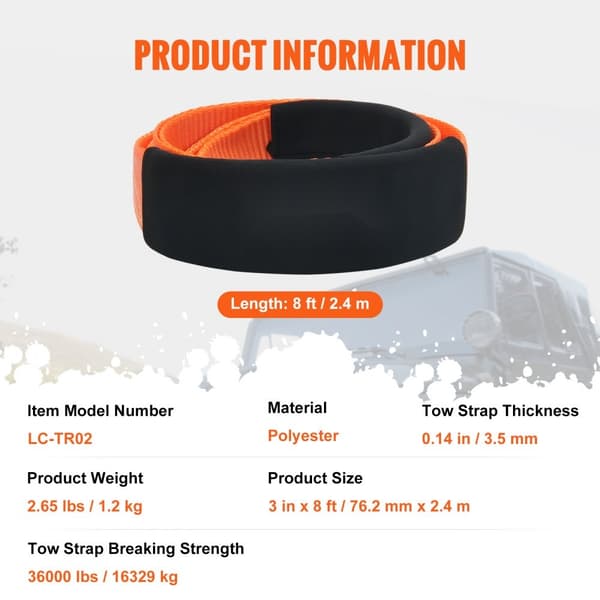 Bogserband 3 tum, 8 fot, 36 000 lbs Brottstyrka, Trippelförstärkta Loop Strap, Tree Saver, Winch Line Extension, Off Road