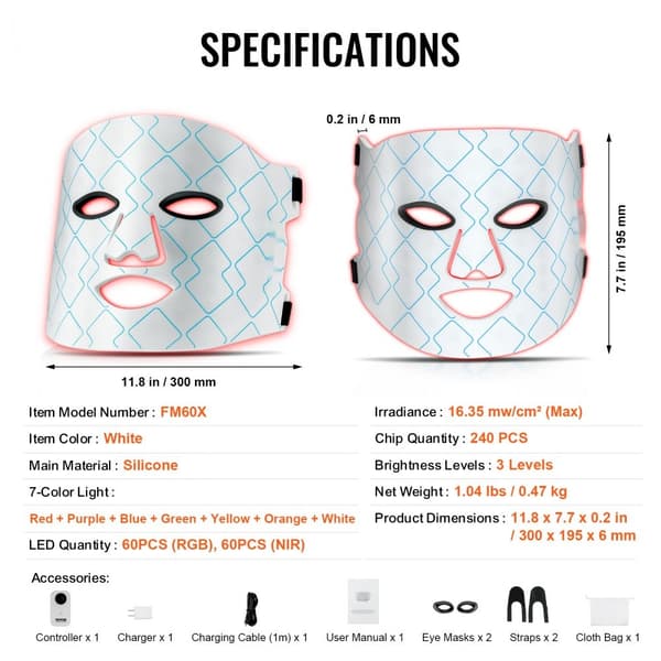 Rødt Lys Terapi Maske 7-farvet LED Ansigtsmaske Lysbehandling med 850nm NIR, effektiv hudbehandling, anti-aging, hjemmebrug