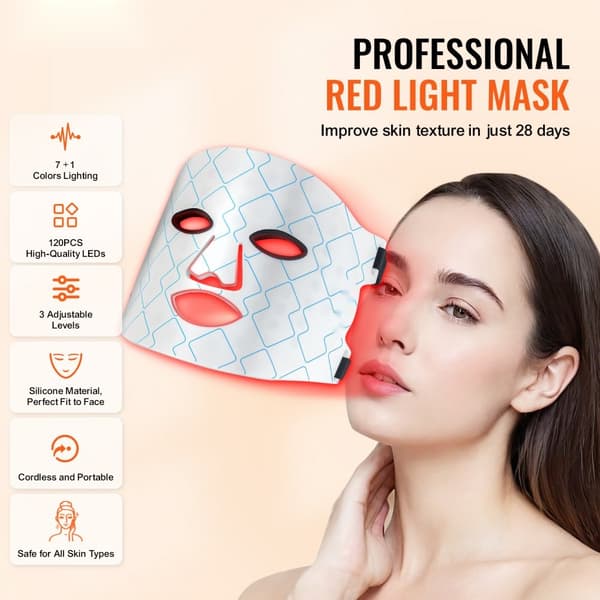 Rødt Lys Terapi Maske 7-farvet LED Ansigtsmaske Lysbehandling med 850nm NIR, effektiv hudbehandling, anti-aging, hjemmebrug