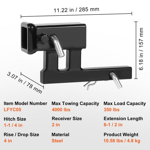 Rise-Drop Extender jatkoperävaunun vetokoukun vastaanotin 1-1/4" - 2" sovitin, kestävä ja säädettävä ratkaisu, helppo asennus