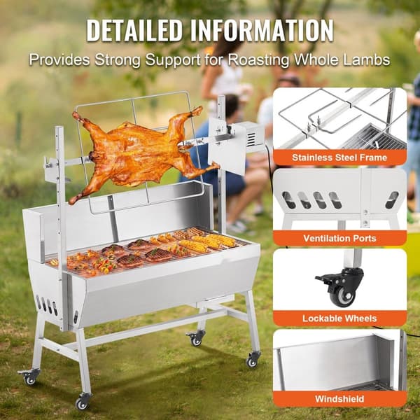 Grilli Pyöreä Rotisio Spit BBQ Possulle, Lampaalle ja Kanalle, 42W Teho, 135LBS Kapasiteetti