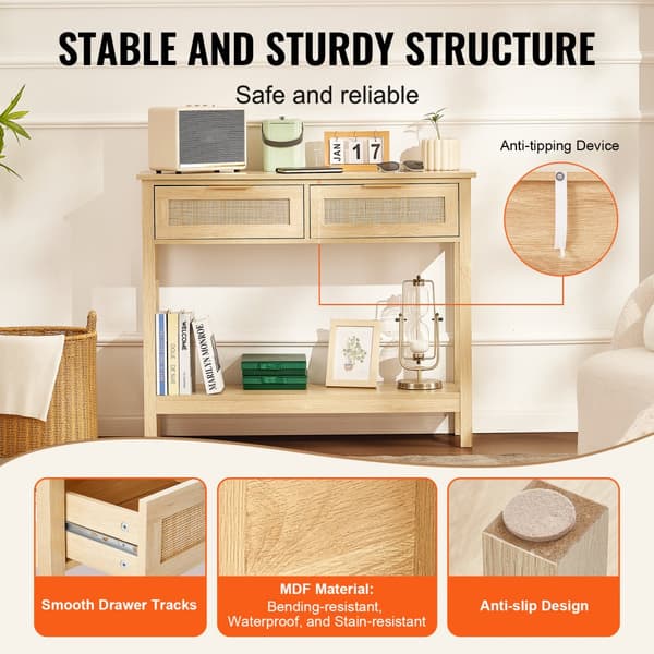 Rattan konsolbord 2 skuffeopbevaring, rattan skydedør, naturel finish, moderne design
