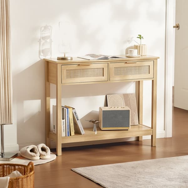 Rattan konsolbord 2 skuffeopbevaring, rattan skydedør, naturel finish, moderne design