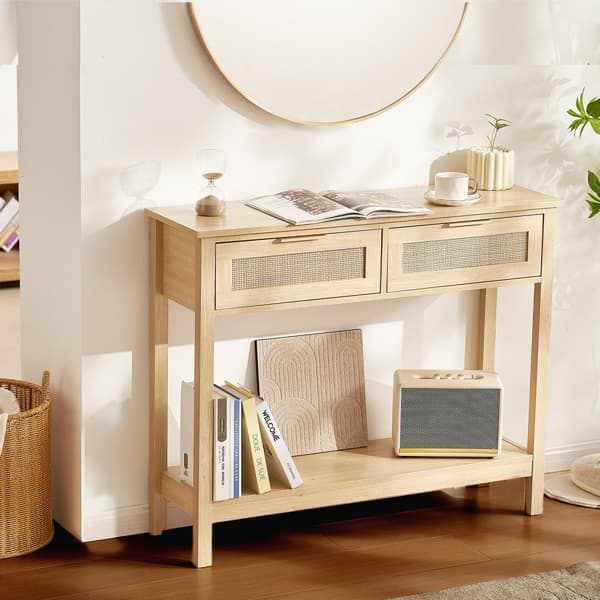 Rattan konsolbord 2 skuffeopbevaring, rattan skydedør, naturel finish, moderne design
