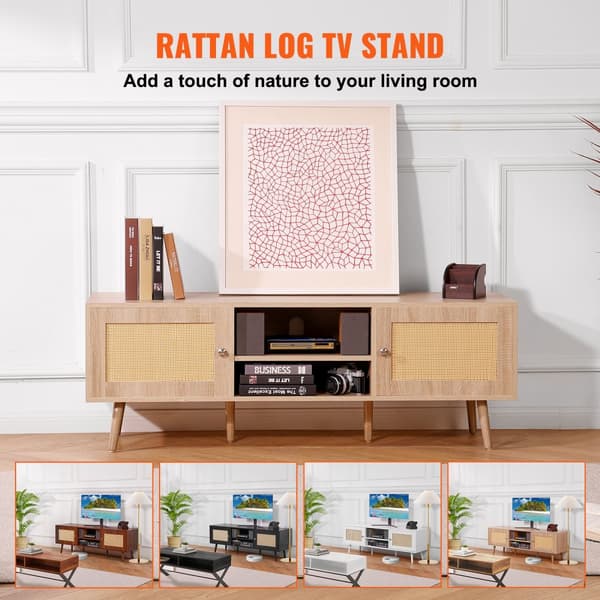 Rattan TV-teline 65" TV:lle, Boho-tyylinen sisäänrakennetulla pistorasialla, tammi