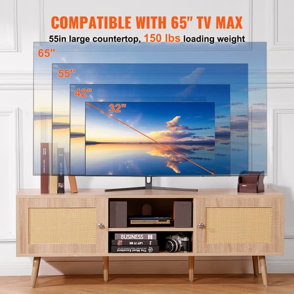 Rattan TV-teline 65" TV:lle, Boho-tyylinen sisäänrakennetulla pistorasialla, tammi