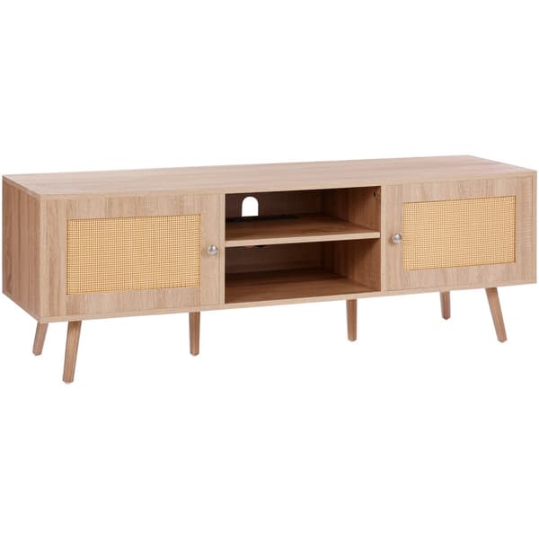 Rattan TV-teline 65" TV:lle, Boho-tyylinen sisäänrakennetulla pistorasialla, tammi