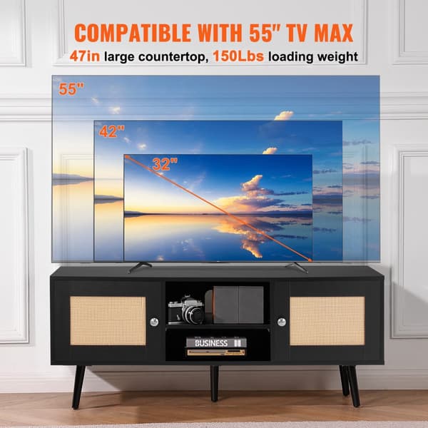 Rottings-TV-bänk 55 tum, Boho TV-skåp, Mid Century Modern, justerbara hyllor för vardagsrum och mediarum, stilren design