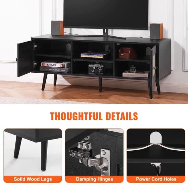 Rottings-TV-bänk 55 tum, Boho TV-skåp, Mid Century Modern, justerbara hyllor för vardagsrum och mediarum, stilren design