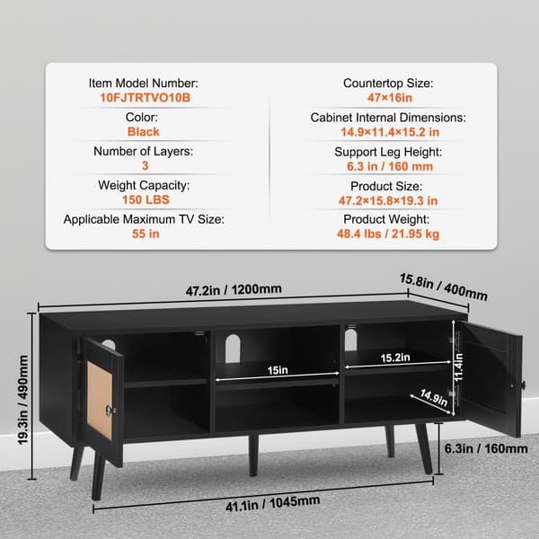 Rottings-TV-bänk 55 tum, Boho TV-skåp, Mid Century Modern, justerbara hyllor för vardagsrum och mediarum, stilren design