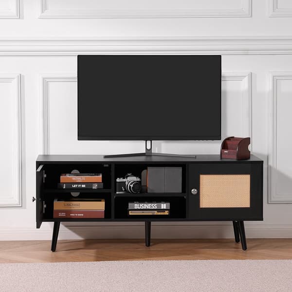 Rottings-TV-bänk 55 tum, Boho TV-skåp, Mid Century Modern, justerbara hyllor för vardagsrum och mediarum, stilren design