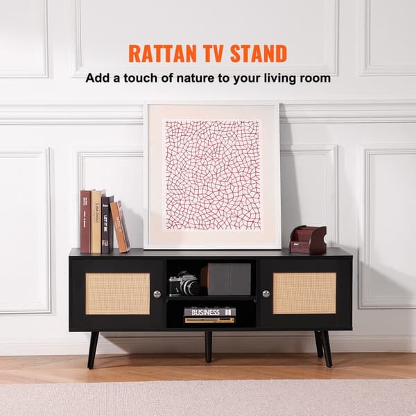 Rottings-TV-bänk 55 tum, Boho TV-skåp, Mid Century Modern, justerbara hyllor för vardagsrum och mediarum, stilren design