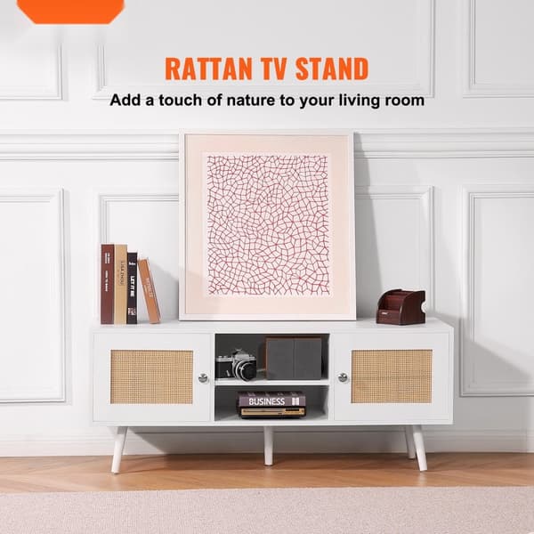 Rottinkinen TV-taso Boho-tyylillä, 55 tuuman televisioon sopiva, Mid Century Modern -tyyli, säädettävät hyllyt
