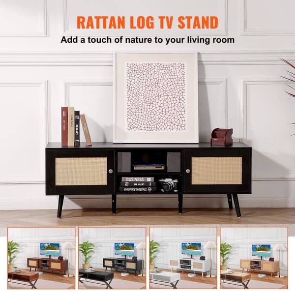 Rattan TV Stativ til 65" TV, Boho TV Stativ med Indbygget Stik, Sort Design, Multifunktionel