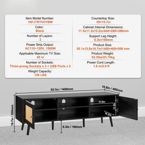 Rattan TV Stativ til 65" TV, Boho TV Stativ med Indbygget Stik, Sort Design, Multifunktionel