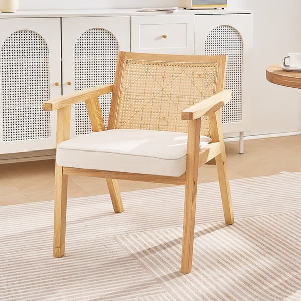 Rottinkituoli Mid Century Modern -ruokailutuoli käsinojalla, pehmustettu tuoli rottinkin selkänojalla, retro rottinkinen ruokasalin tuoli