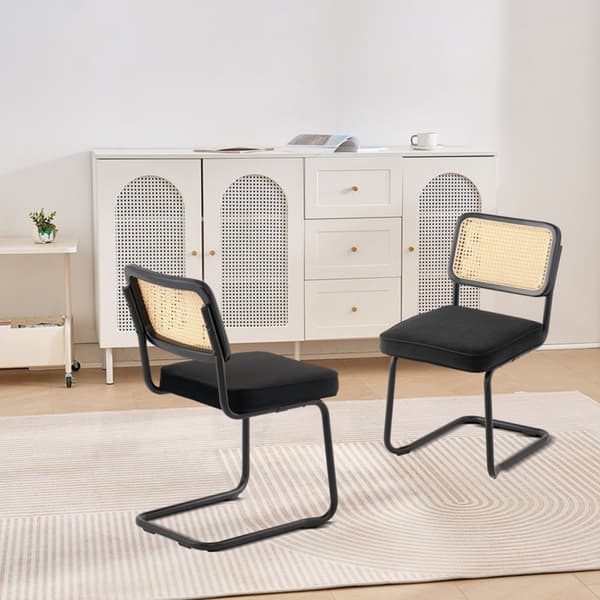 Rattan Stole Sæt - 2 Mid Century Modern Spisestuestole, Polstret Velvet, Retro Design