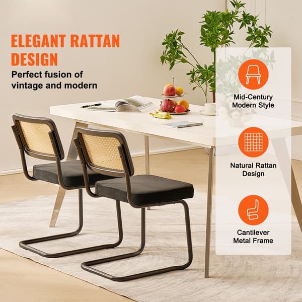 Rattan Stole Sæt - 2 Mid Century Modern Spisestuestole, Polstret Velvet, Retro Design