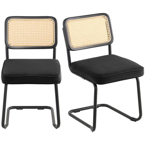 Rottinkituolit 2 kpl sarja, Mid Century Modern pehmustettu ruokatuoli samettikorostuksella, rottinkiselkänojalla, retro ruokailuhuoneen sisustus