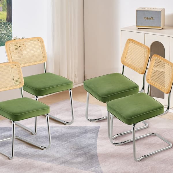 Rottinkituolit 4 kpl, Mid Century Modern ruokailutuoli, pehmustettu sametti, rottinki selkänoja