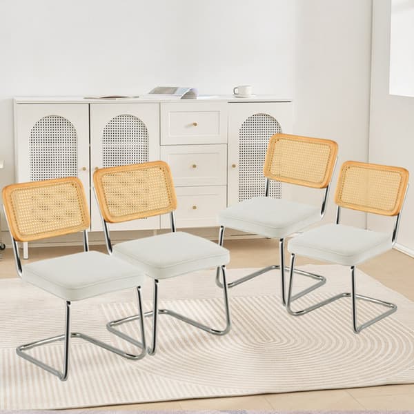 Rattan Stole Sæt med 4, Mid Century Modern Spisestuestol, Polstret Velvet Accent Stol med Rattan Ryg, Retro Spisestue Kokkestol til Stue