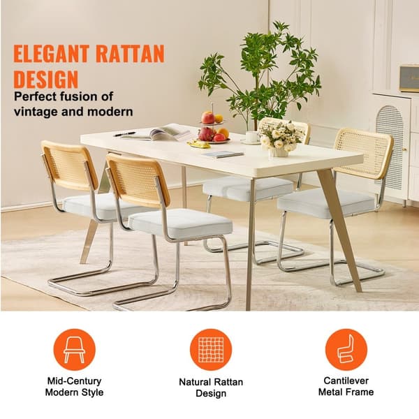 Rattan Stole Sæt med 4, Mid Century Modern Spisestuestol, Polstret Velvet Accent Stol med Rattan Ryg, Retro Spisestue Kokkestol til Stue