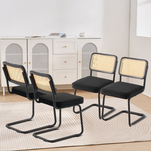 Rottingsstolar Set om 4, Modern Matstol i Mid-Century Stil, Klädd Sammetsstol med Rygghörn, Retro Matsal Köksstol