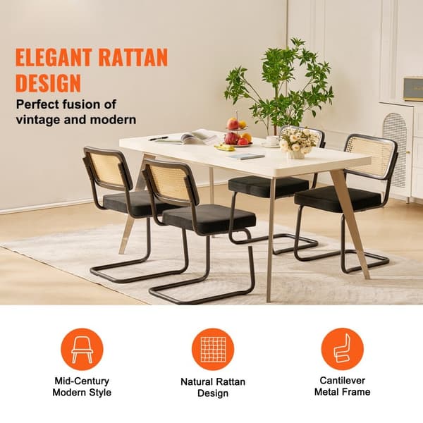Rottingsstolar Set om 4, Modern Matstol i Mid-Century Stil, Klädd Sammetsstol med Rygghörn, Retro Matsal Köksstol