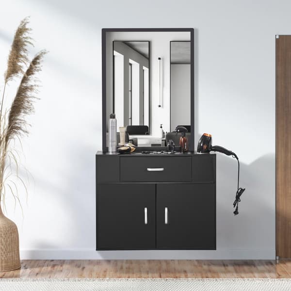 Salon Opbevaringsskab, Vægmonteret Barber Salon Station, Frisør Station Sæt med 3 Ærmer, Spejl, Dobbeltdørs Skab, Professionelt Design