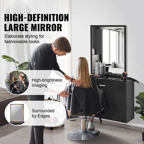 Salon Opbevaringsskab, Vægmonteret Barber Salon Station, Frisør Station Sæt med 3 Ærmer, Spejl, Dobbeltdørs Skab, Professionelt Design