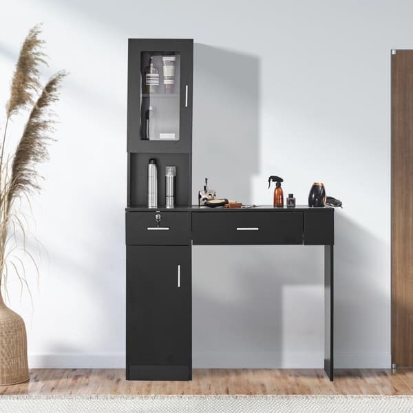 Salon Station Vægmonteret Frisørstation, Beauty Spa Møbelsæt, 1 Skab, 3 Cubbies, 2 Skuffer (1 Låsbar), Sort, Professionelt Design, Optimal Opbevaring