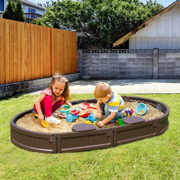 Soikea hiekkalaatikko kannella, HDPE, ulkokäyttöön, 3-12-vuotiaille, kestävä ja turvallinen vaihtoehto