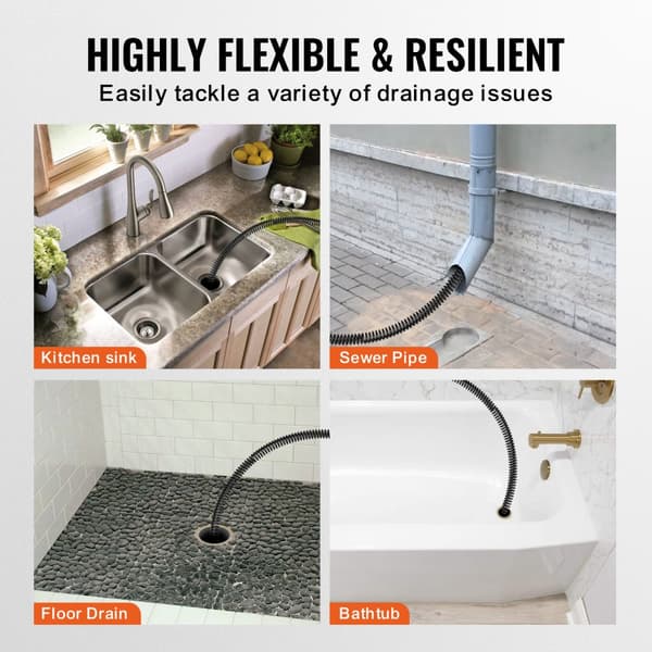 Afløbsrensningskabel 60 FT, 1-1/5" & 6 fræsere til 2"-7,9" rør, sektionelt design, effektiv rensning