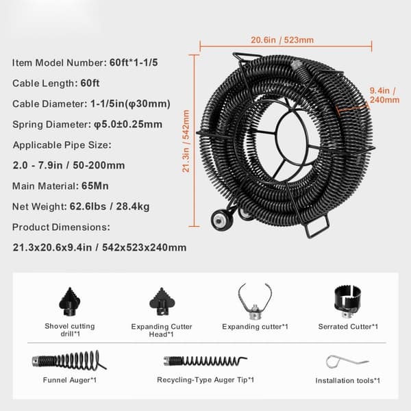 Afløbsrensningskabel 60 FT, 1-1/5" & 6 fræsere til 2"-7,9" rør, sektionelt design, effektiv rensning