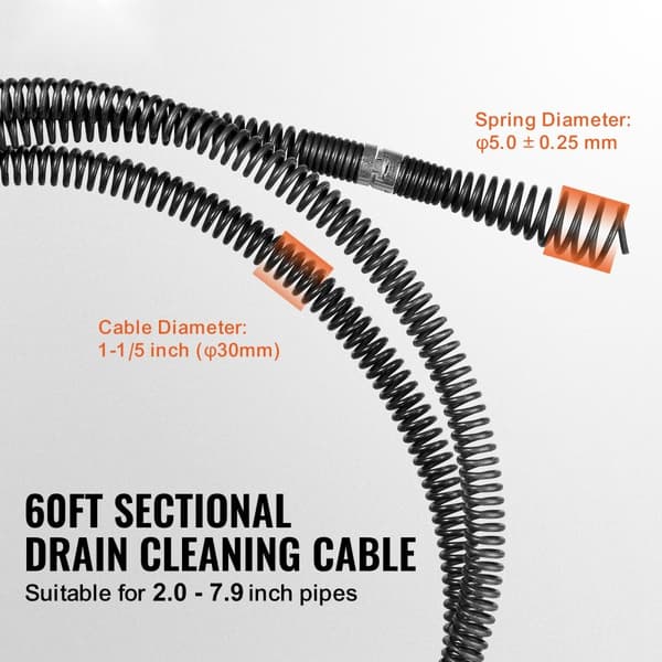 Afløbsrensningskabel 60 FT, 1-1/5" & 6 fræsere til 2"-7,9" rør, sektionelt design, effektiv rensning