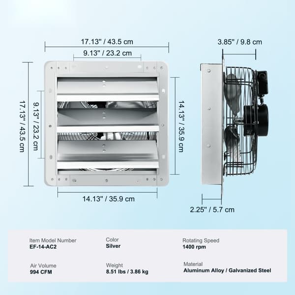 Shutter Avgasfläkt 356 mm, Väggmonterad, 994 CFM, AC Motor, Effektiv Luftcirkulation, Energisparande Design