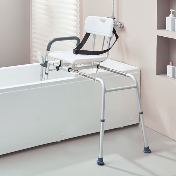 Vändbar ryggstöd, Sliding Tub Transfer Bänk Duschstol, Cut-Out sits, säker och bekväm användning