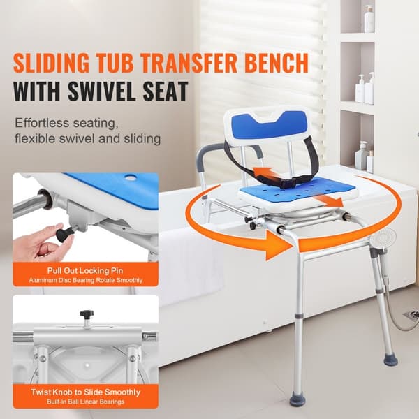 Liukuva amme Transfer Penkki suihkutuoli, 360 astetta kääntyvä istuin, 400LBS kantokyky, ergonominen design
