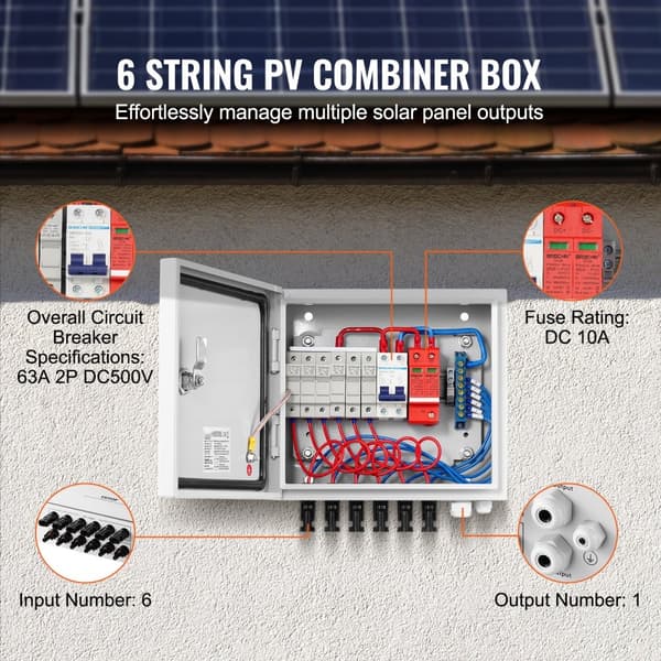 Solcelle PV-kombinationsboks 6-nyere 10A til solpanel system, stål husning, IP65 beskyttelse