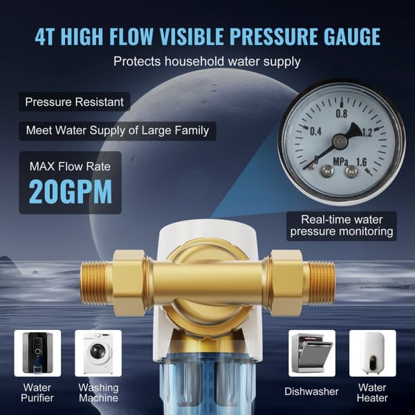 Spin Down-filter, 40 mikron helhus-sedimentfilter til brøndvand, 3/4" GM + 1" GM + 3/4" GF, 4 T/H høj flow, hele huset