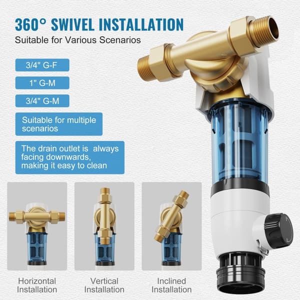 Spin Down-filter, 40 mikron helhus-sedimentfilter til brøndvand, 3/4" GM + 1" GM + 3/4" GF, 4 T/H høj flow, hele huset