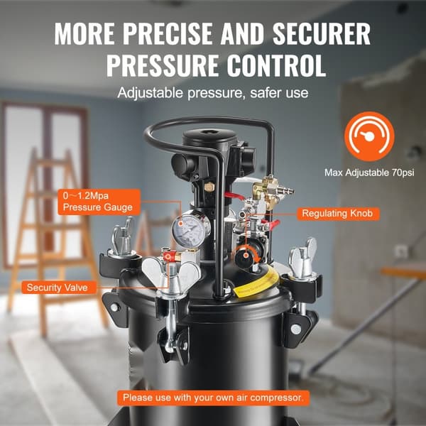 Spraymaling trykbeholder 10 L/2,5 gal, fuldautomatisk omrøring, 70 psi, optimal til professionelle malerprojekter