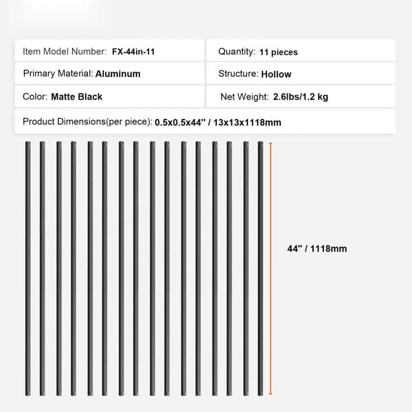 Trappstegsmetallbaluster 11-pack 44''x0,5'' Aluminiumspindlar med skruvar, hållbara och eleganta